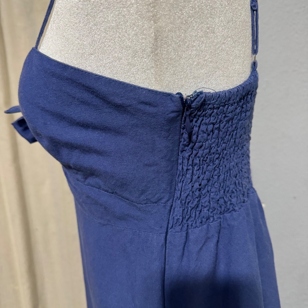 Adeline Cottagecore Blue Linen Blend Midi Dress L Bow Sweetheart Neck Smocked - Picture 4 of 13